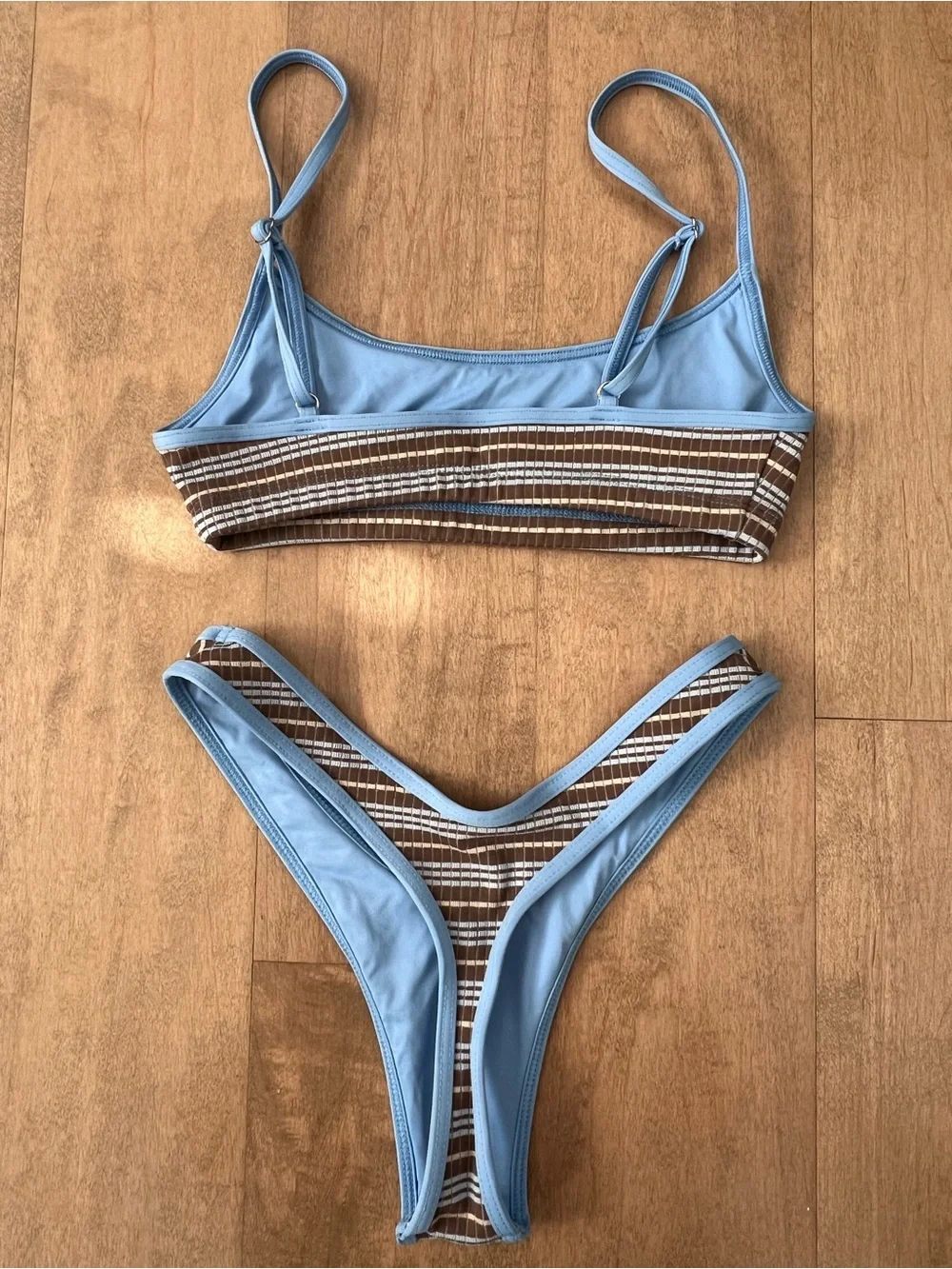 Frankie's Bikinis Brown Stripe Bikini with Light Blue Trim